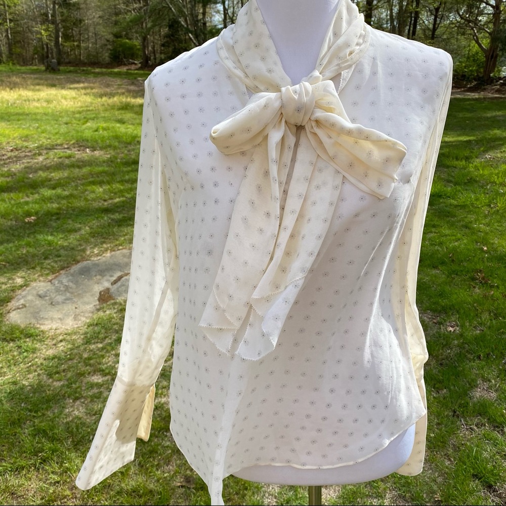 RACHEL RACHEL ROY TOP BLOUSE CREAM BLACK SHEER BOW TIE SCARF Size S